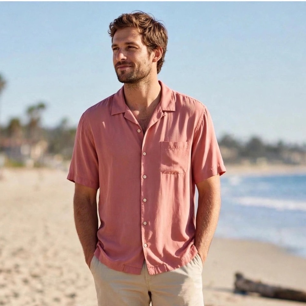 Tommy Bahama Mens Large Coral Pink 100% Silk Short Sleeve Camp Shirt Textured